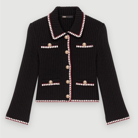 Maje Jackets & Blazers - MAJE Contrasting ribbed cropped cardigan - Black with red and white trimming